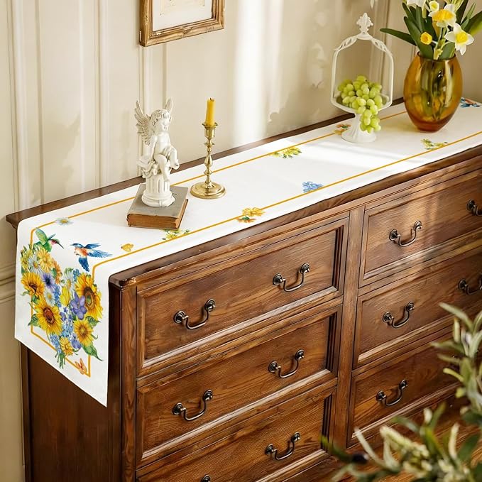 Summer Sunflowers Daisies Table Runner Birds Burlap Table Runners, Spring - Image 5