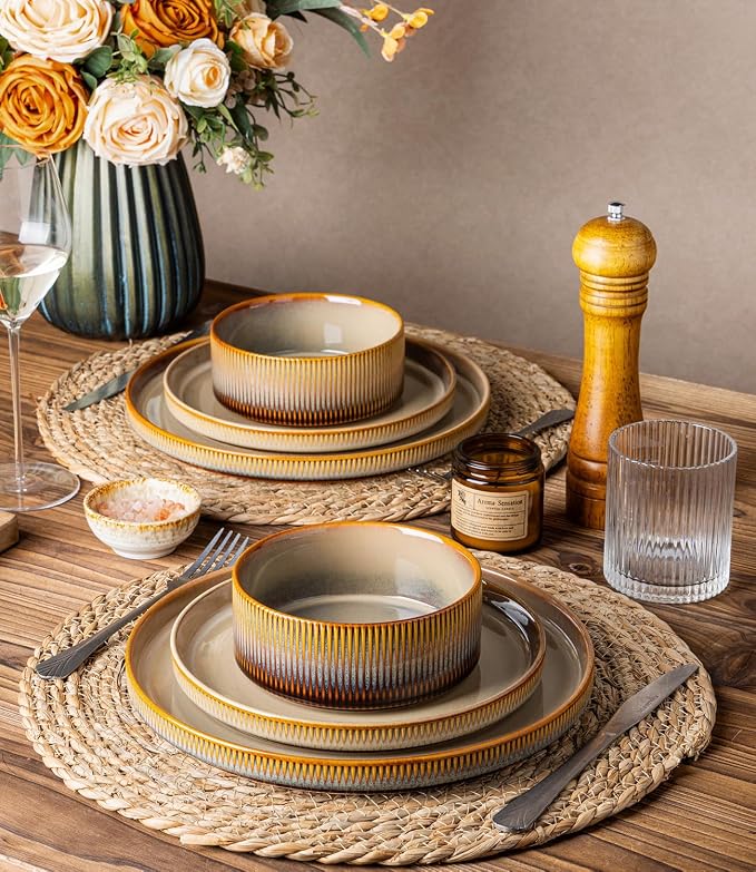 Ceramic Dinnerware Set for 4, 12-Piece Plates and Bowls Set | Lightweight - Image 6