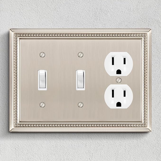 Henne Bery Sunken Pearls Heavy Duty Decorative Wall Plate Switch Plate Outlet Cover (Double Toggle/Single Duplex, Satin Nickel)