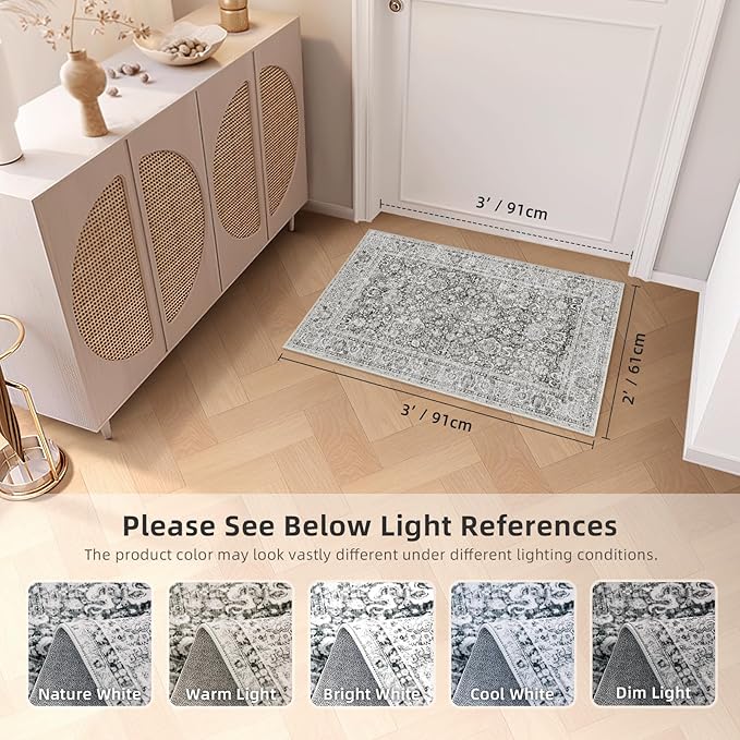 Deerly 2x3 Rugs Grey Small Area Rugs for Bedroom Living Room Bathroom Kitchen, Entry Rug Small Soft Rugs Low Pile Non-Slip Rubber Backing Oriental Door Mat