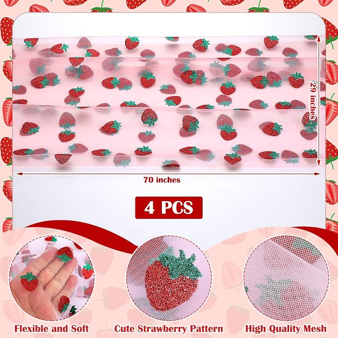 4 Pcs 29 X70 Inch Strawberry Shiny Glitter Tulle Table Cloth Pink Sheer Lace - Image 2