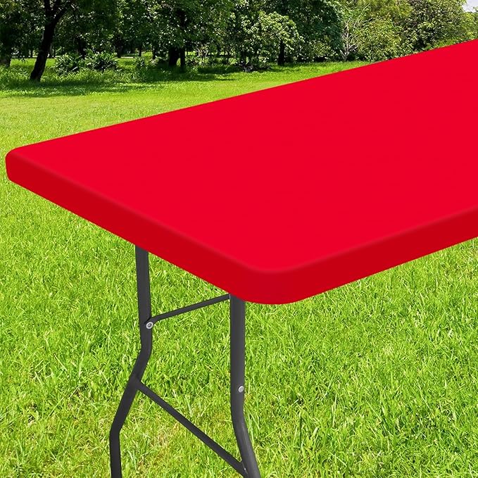 Smiry Rectangle Tablecloth, Elastic Fitted Flannel Backed Vinyl Tablecloths for 8ft Folding Tables, Waterproof Wipeable Table Covers for Indoor, Outdoor, Picnic and Camping (Red, 36"x96")