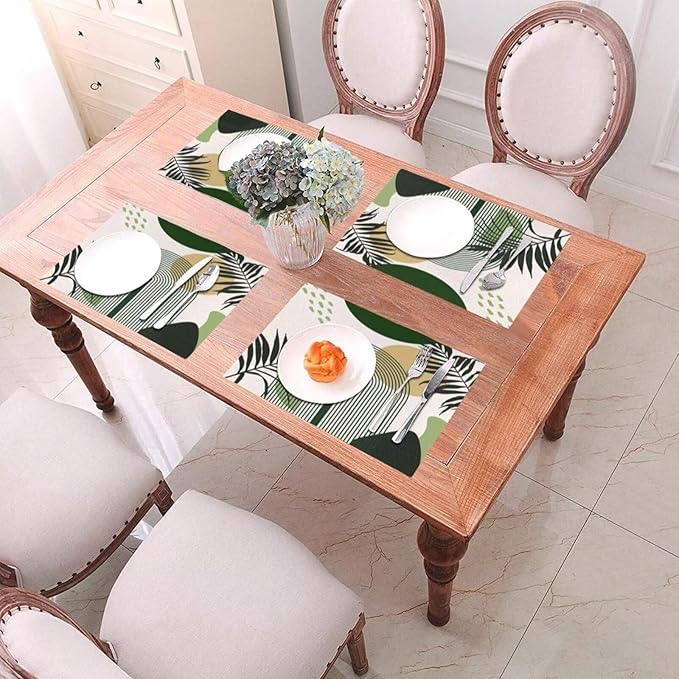 Boho Mid Century Sun Placemats Printed Modern Rainbow Leaves Green Design Washable Place Mats 12x18Inch for Dining Kitchen Farmhouse Decor 4 PCS