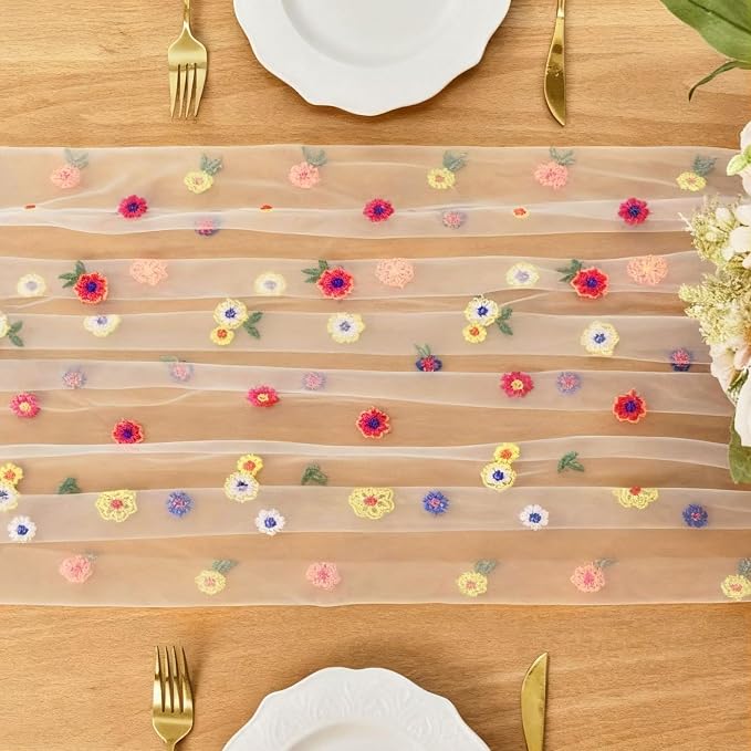 Table Runner 10FT Floral Gauze Tea Party Decorations Embroidery | Champagne - Image 4