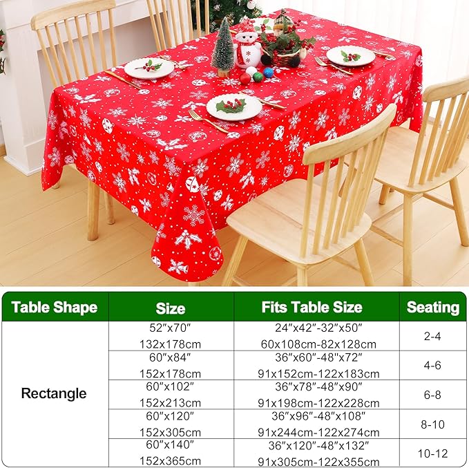 Smiry Christmas Rectangle Table Cloth, Waterproof Vinyl Tablecloth with Flannel Backing, Wipeable Bell & Snowflake Plastic Tablecloths for Christmas Table Decorations, (60"x84", White & Red)