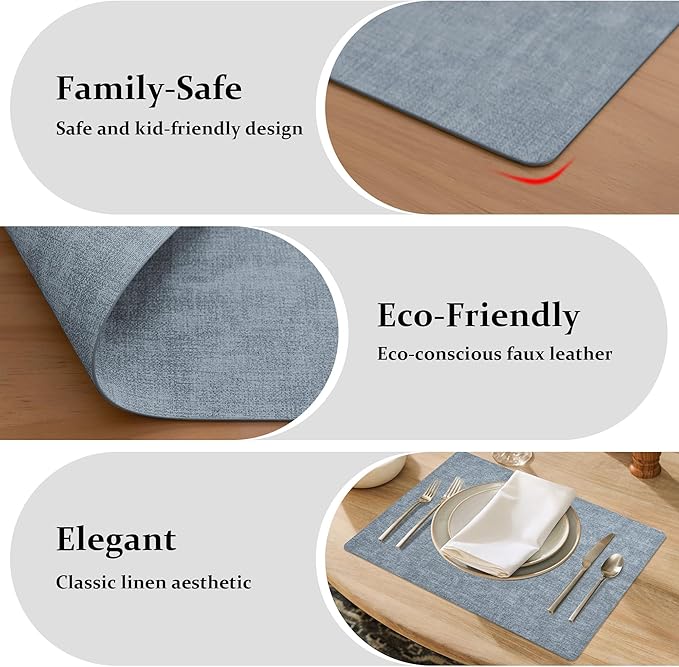 FROMHEART Faux Leather Placemats Set of 4–Waterproof,Heat/Oil Stain-Resistant PU Table Mat–Reversible,Non-Slip,Easy to Clean Place Mats for Kitchen,Dining,Indoor/Outdoor,(Light Blue,11.8" x 17")