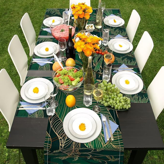 Table Runner and Placemats Set of 6, Tropical Palm | Leaves Geometric Green - Image 7