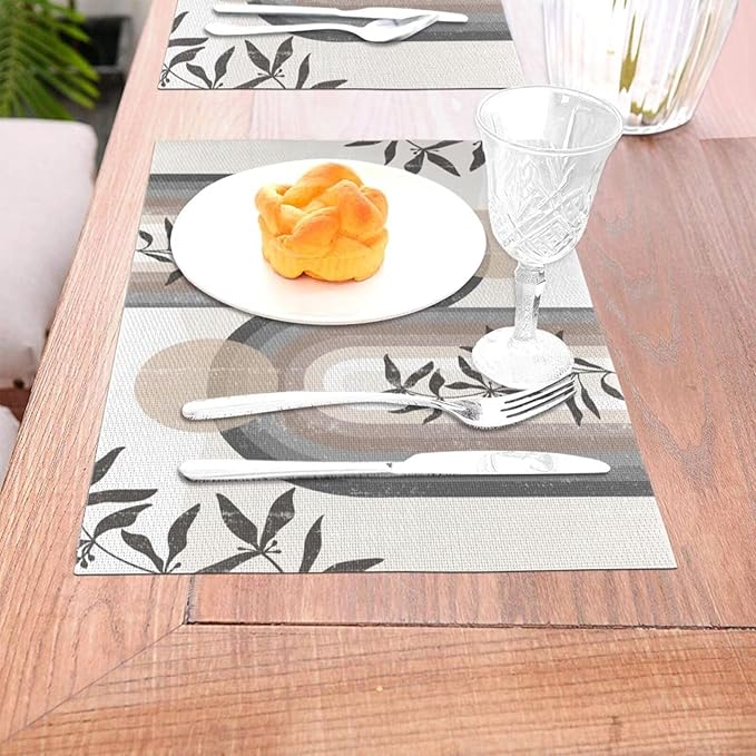 Boho Leaf Mid Century Placematss, Bohemian Plant Mid Century Palm Tropical Abstract Modern Washable Place Mats 12x18Inch for Dining Kitchen Farmhouse Decor 4 PCS