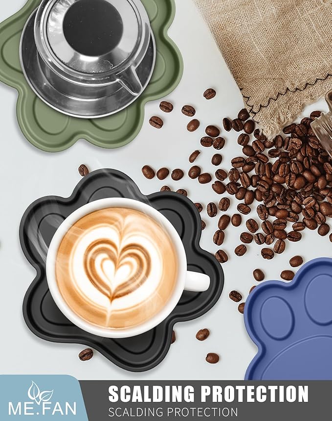ME.FAN Silicone Coasters 6 Pack Paw Cup Mat with Holder, Dog Cat Paw Shape, for Hot or Cold Drink, Non-Slip, Non-Stick, Room Decor, Housewarming Coffee