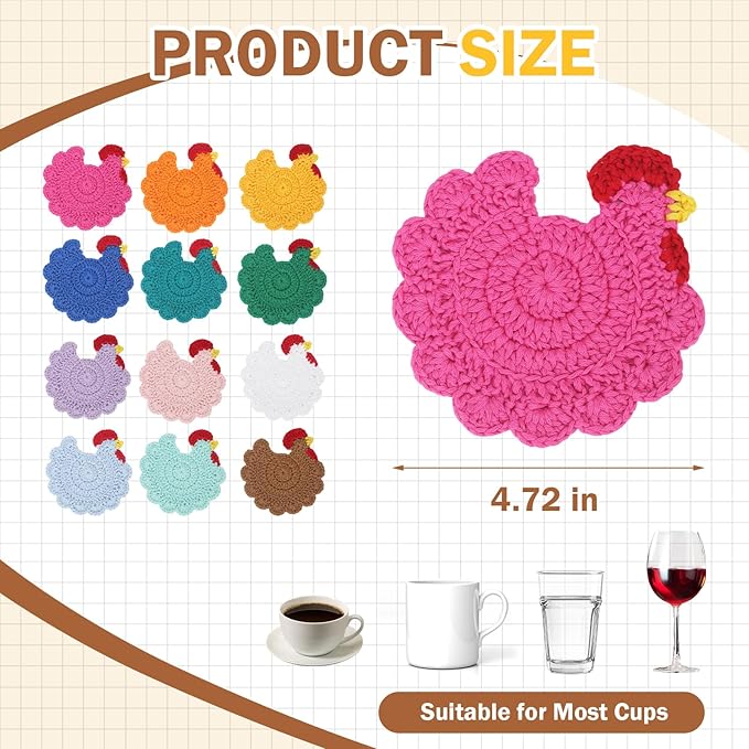 Funny Chicken Coasters Set of 4, Handmade Crochet Farmhouse Style Drink Coasters, Cute Knitted Desk Accessories for Home Decor, Unique Housewarming Gifts (Style A)