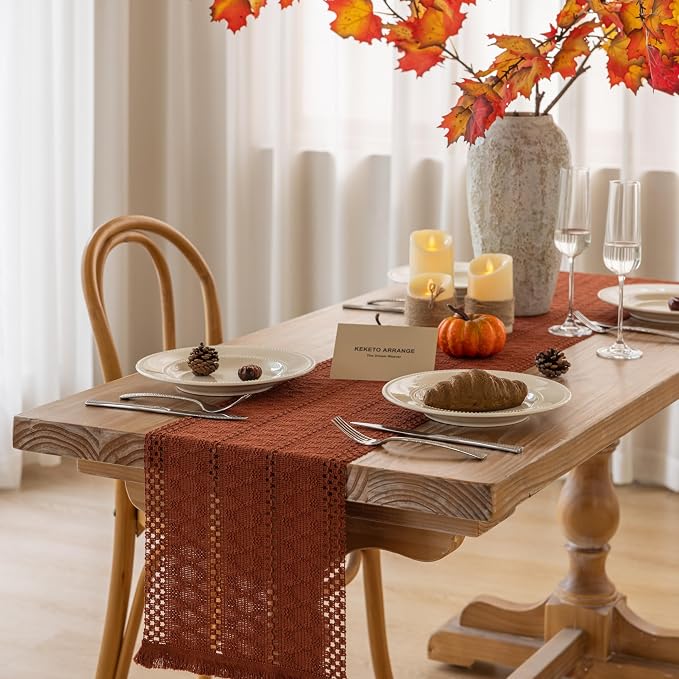 Fall Thanksgiving Boho Macrame Table Runner 12x48 Inch | Woven Burlap Rustic - Image 3