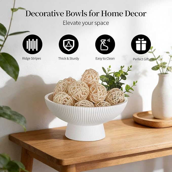 Hanobe Decorative Bowl Entryway Table: Coffee Table Decor for White Fluted Dough Pedestal Bowls - Modern Farmhouse Decor Marble Bowl for Pottery Barn Decor - Footed Key Holder for Home Kitchen Counter