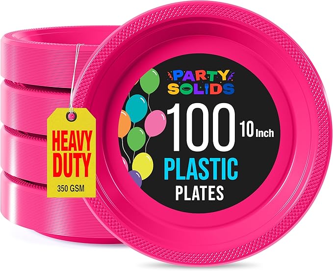 Party Solids Cerise Plastic Plates For Party 10" Cerise Disposable Plates Heavy Duty 100 Pcs Plastic Dinnerware Sets Heavy Duty 350 GSM Disposable Dinnerware Set