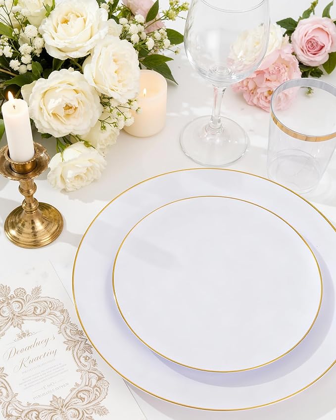 Nervure 100 Pieces Gold Plastic Plates - 10.25 inch Gold Dinner Plates - Heavyweight White and Gold Disposable Plates Ideal for Wedding & Party