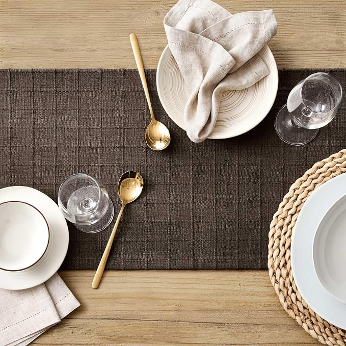 Artisanal Grid Linen Table Runner, 13x72 Inches Chocolate | Heavy Textured - Image 5
