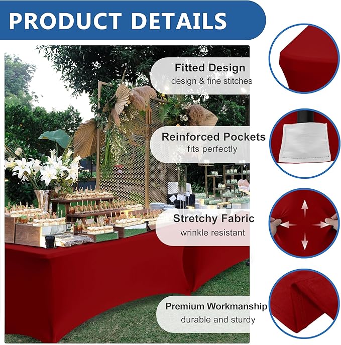 Spandex Table Cover for 6 foot Rectangle Tables-8 Pack Fitted Stretch Red Tablecloth-Elastic 6ft Christmas Tablecloths for Party, Vendor Booth Display, Banquet Buffet Event, Craft Trade Show