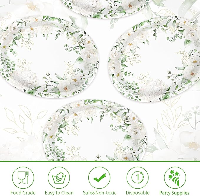 50PCS White Floral Oval Paper Plates 10"X12" Eucalyptus Flower Plates Disposable Heavy Duty Green Leaves White Flowers Tablewre Spring Blossom Flowers Dinnerware for Wedding Birthday Bridal Shower