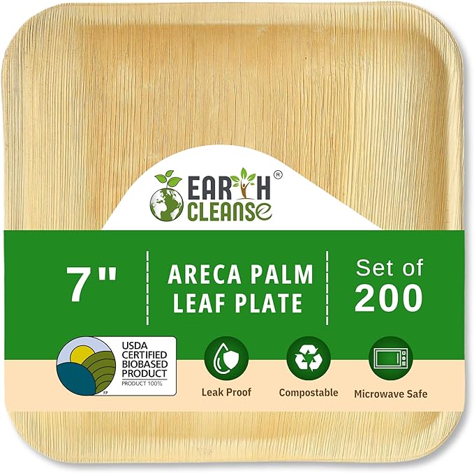 Compostable 7 Inch Palm Leaf Square Plates (200 Count) Like Wooden Disposable Plates | Biodegradable | Eco-Friendly, Microwave & Oven Safe | USDA Certified 100% Biobased