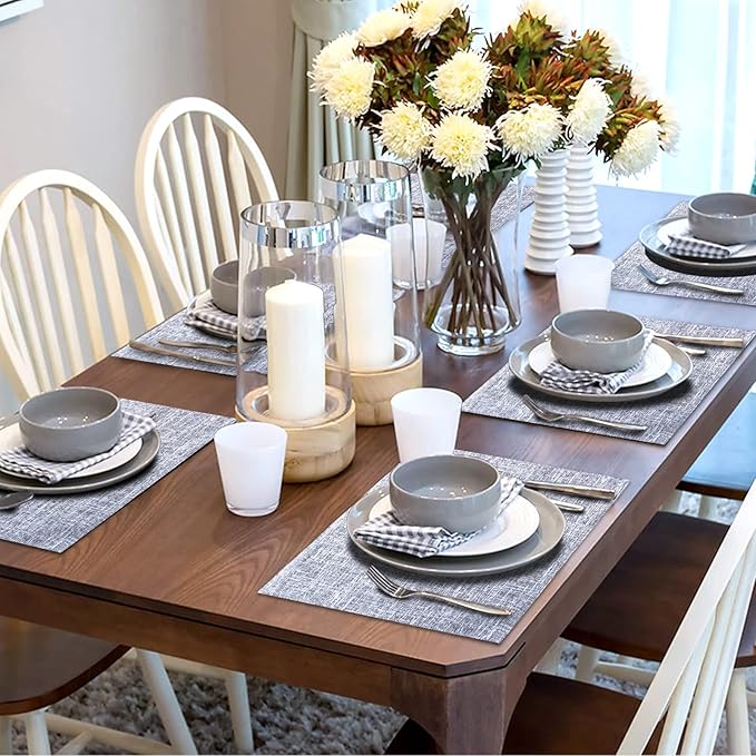 Cloth Placemats Set of 8, Double Thickened Washable Dining Table Mats Place Mats Indoor/Outdoor Linen Place Mats for Dinner Table Durable Table Mats Easy to Clean(Silver Gray)