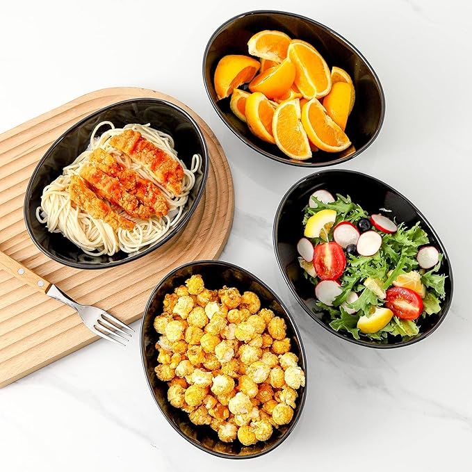 Hasense Serving Bowls, 28 oz Salad Bowls Porcelain Serving Dishes Set of 4 for Salads，Cereal,Soup,Pasta, Microwave and Dishwasher Safe, Black