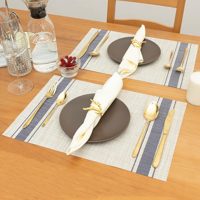 Winknowl Placemats Set of 4, Heat Resistant Non-Slip Vinyl Woven Table Mats for Dining Table, Washable Durable Elegant Place Mats for Kitchen Indoor/Outdoor Use (Beige Blue)