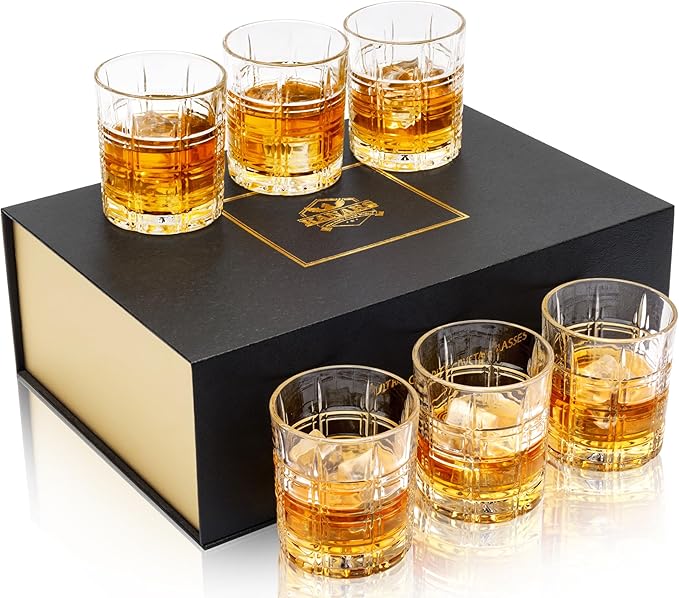 KANARS Crystal Whiskey Glasses, Set of 6 Premium Rocks Glasses in Elegant Gift Box, 10 Oz Old Fashioned Glass Tumblers for Bourbon, Scotch, Irish Whisky, Cocktails, Vodka, Liquor Drinking, Men Gifts