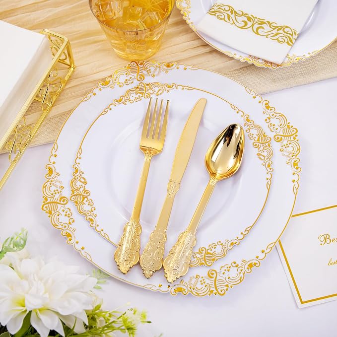 175 Pcs White Gold Plates for Wedding | White Party Plates Set for 25 Guests - Image 2