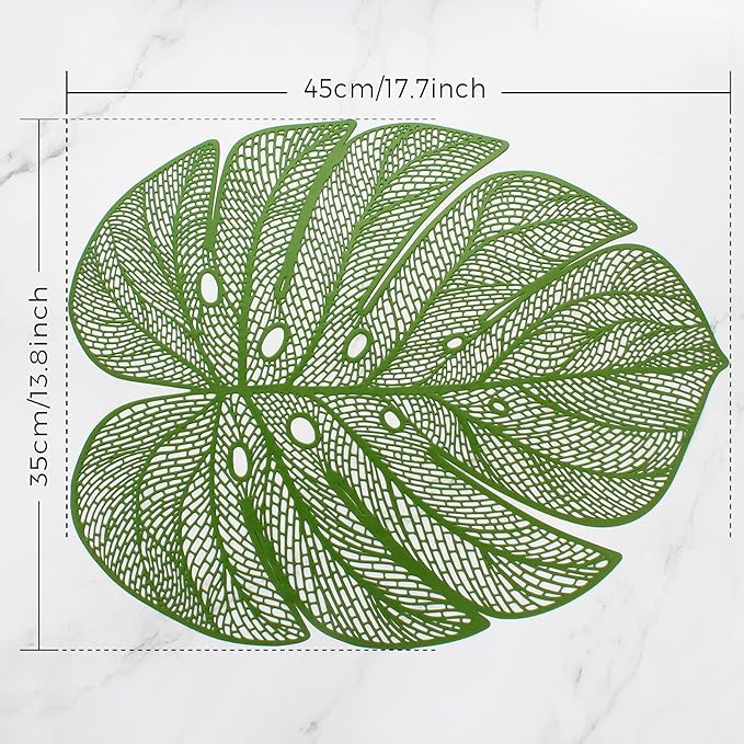 Evevda Green Leaf Shaped Vinyl Placemats for Dinner Table Set of 6 Metallic Plastic Green Place Mats Wipeable 6Pcs Table Mats for Wedding Annersary Dinner Table Decoration Mats(17.7x13.8inch/45x35cm)