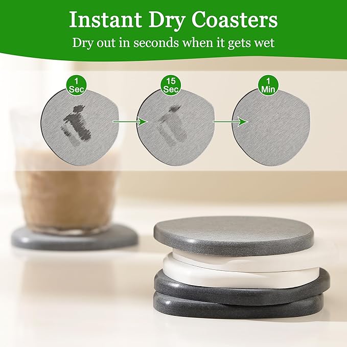 Diatomaceous Earth Coasters Set of 2 for Drinks, Moisture Water Absorbent Stone Coasters for Table Desk at Work, Water Absorbing Instant Drying Diatomite, Modern Light Grey