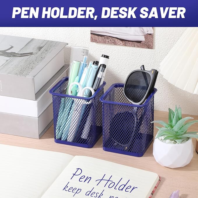 Segarty Pen Holder for Desk, 3 Pack Square Dark Blue Pen Cup Holder, Wire Mesh - Image 5