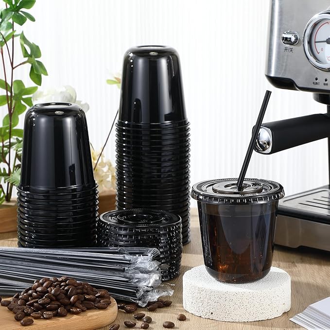 50 Sets Clear Plastic Cups with Lids and Straws, Disposable Iced Coffee Cups Drinking PET for Cold Drinks, Juice, Smoothie, Coffee Shops, Party, Christmas (Black,12 oz)
