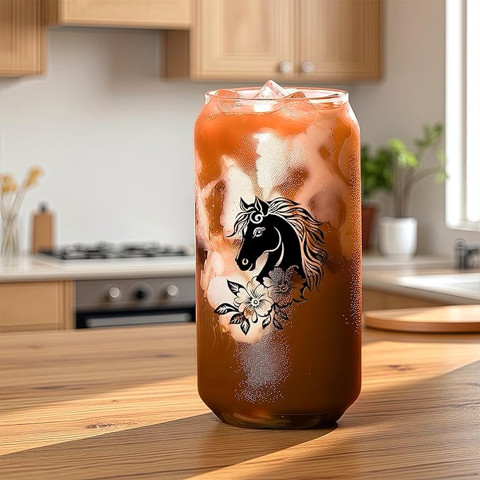 Cute Horse Glass Cup With Lids And Straws, Horse Gift For Women, Iced, Coffee, Smoothie, Cocktail, Beer, Whiskey, Soda, Matcha,16 Oz, Home Office Table Desk Decoration!