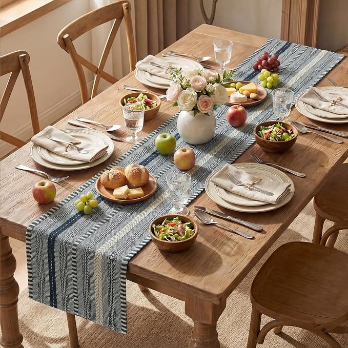 Artoid Mode Dark Blue Farmhouse Stripe Braided Table Runner 12x120 Inch | - Image 5
