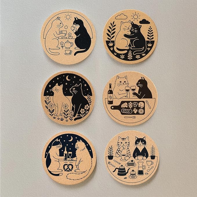 Coasters for Drinks with Holder Set of 6, Cat Cork Coaster Absorbent for Office Desk Table Coasters Kitchen Decor House Warming Gifts for New Home Couples, Round 4"