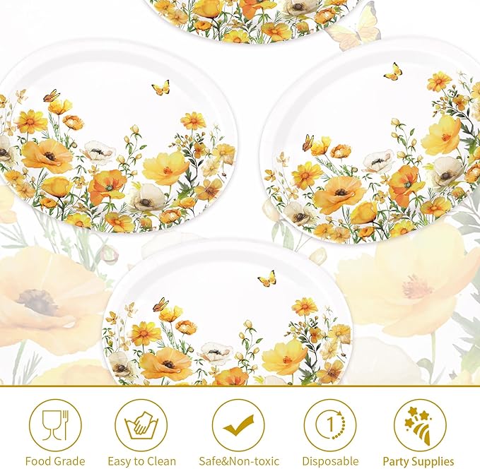 50Pcs Spring Floral Oval Paper Plates 10" x 12" Large Disposable Heavy Duty Watercolor Calliopsis Flower Platters Yellow Flowers Dessert Plates for Seasonal Lunch Dinner Birthday Party Supplies