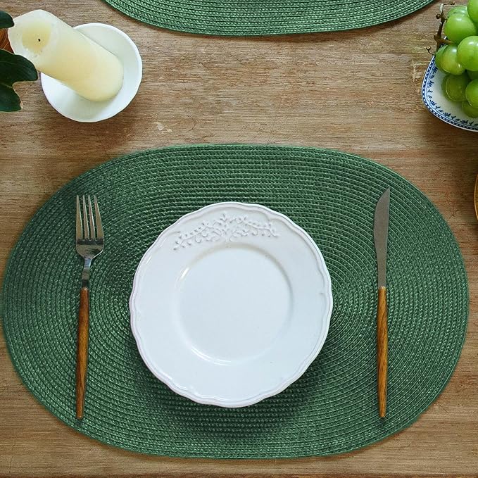 FunWheat Oval Braided Placemats Set of 8 Table Mats for Dining Tables Washable Heat Resistant Place Mats for Indoor Outdoor Use 12 x18 Inch(Oval Black Green, 8pcs)