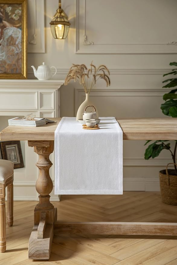 Burlap Style Farmhouse Table Runner, 14x48 Inches White | Thick Durable Fabric - Image 2