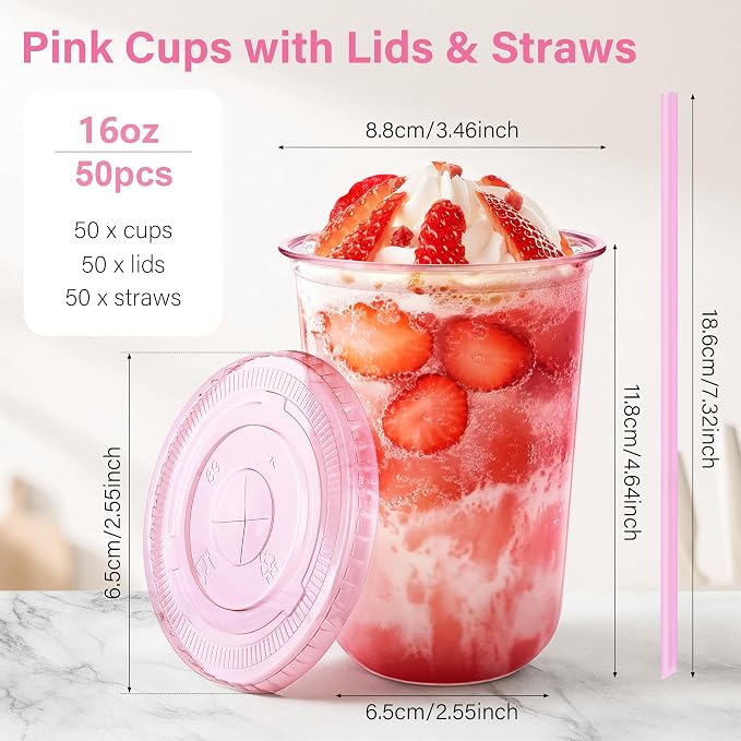 KesaPlan 50 Pack 16 oz Pink Plastic Party Cups - Image 2