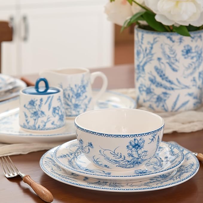 Bico Blue Garden Toile De Jouy Cereal Bowls Set of 4, 26 oz Deep Ceramic Soup Bowls for Cereal, Salad, Noodles, Kitchen, Microwave and Dishwasher Safe, Gift for Housewarming and Thanksgiving