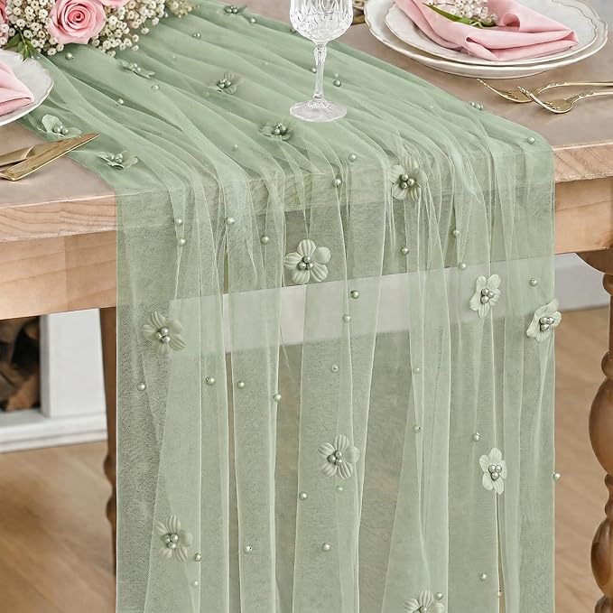 Artoid Mode Sage Green Flower Pearl Green Gauze Table Runner 10FT, Seasonal by ArtoidMode