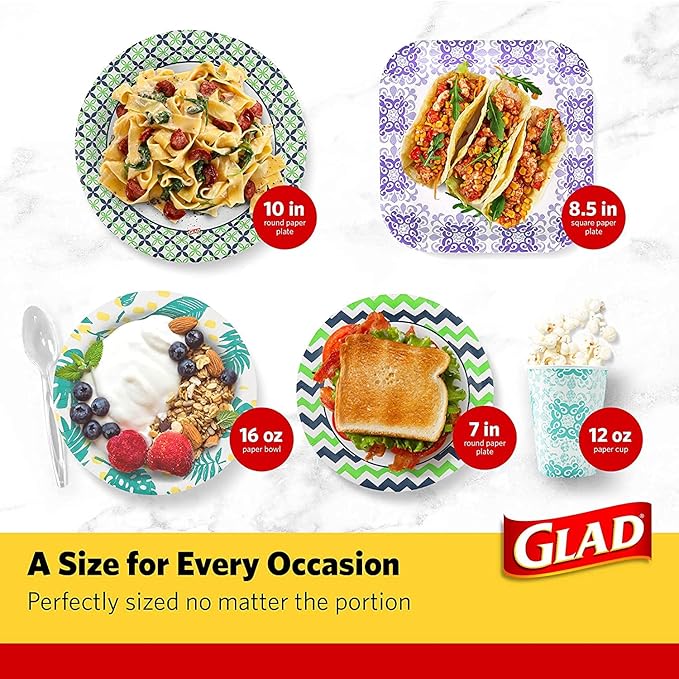 Glad Square Disposable Paper Plates, Purple Victorian Pattern - Strong, Sturdy, Soak Proof, and Microwavable Decorative Plates for Dinner and Everyday Use, 8.5 Inch, 50 Count - 12 Pack