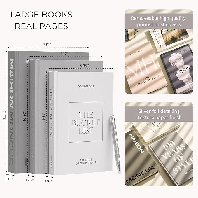 Decorative Coffee Table Books for Home Décor Accents Bookshelf Decor with Real Blank Pages and Removable Covers Set of 3 Mid Century Modern Fake Books for Decoration Room Decor Aesthetic
