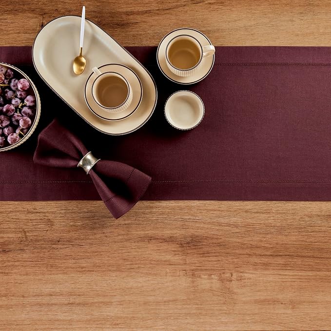 Solino Home 100% Pure Linen Table Runner Burgundy Hemstitch, 14 x 108 in | - Image 3