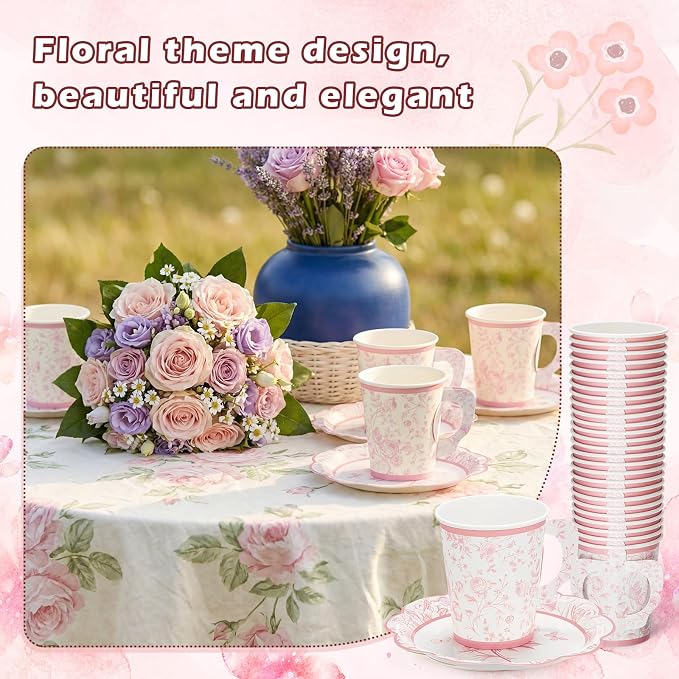 FillTouch 100 Sets Pink Floral Paper Tea Cups and Saucers Disposable Paper Tea - Image 4
