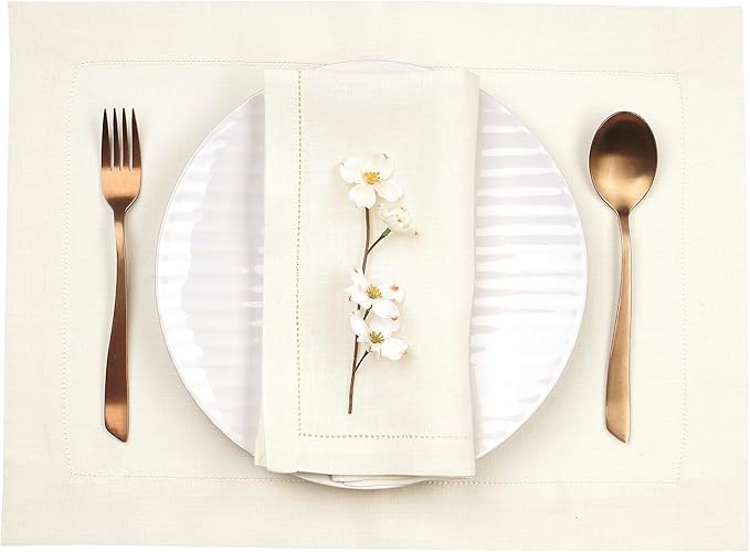 D'Moksha Homes Linen Placemats Set of 4 - Classic Hemstitch Ivory Placemats 14 x 19 Inch - 100% Pure Linen Table Mats for Valentines, Spring, Easter - Handcrafted and Machine Washable