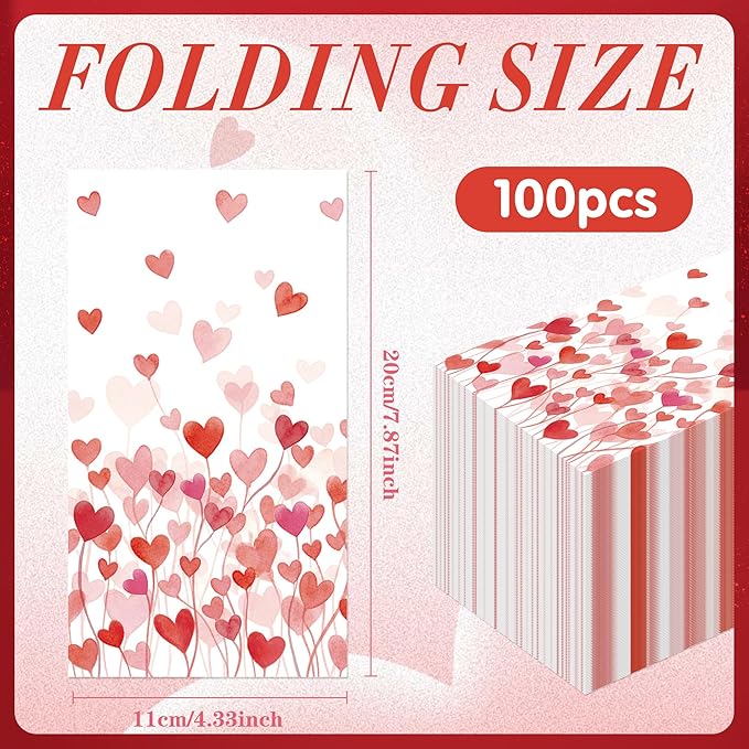 Valentines Day Paper Napkins - 100 Pcs 7.9 x 4.3 In Pink Red Heart Decorative Napkin Sets Disposable, Dinner Guest Party Decorations Supplies Decor for Couples Anniversary Wedding Engagement
