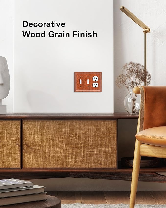 2-Pack Combo Double Toggle/Duplex Outlet Covers, Wood Grain Switch Plates and Outlet Covers, Natural Bamboo Fiber Wall Plates for Electrical Outlets, 3 Gang Receptacle Cover, Corrosion Resistant