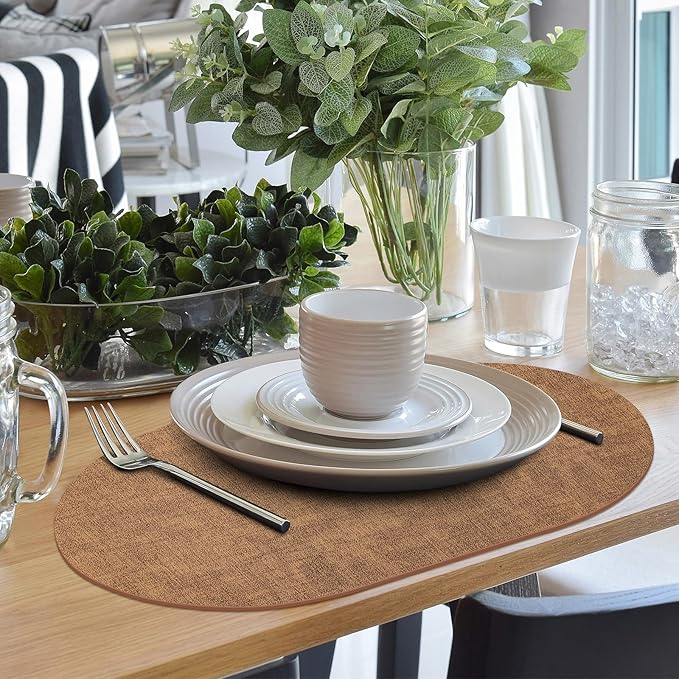 Placemats Set of 8 - Washable Heat Resistant Table Placemats - Wipeable Faux Leather Oval Place Mats, Waterproof Table Mats for Dining Table, Brown