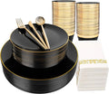 MirthMood 350Pcs Black and Gold Disposable Plates,Black Plates, Black and Gold Plates Include 30 Dinner,Dessert Plate,30 Cup&30 Napkins, 90 Gold Silverware for Wedding & Party & Birthday & New Year