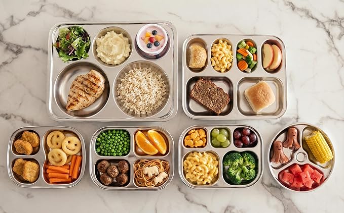 Korean Stainless Steel Divided Plates for Toddlers, Kids, Babies, Premium 304, Electro-Polished, No Black Residue, BPA-Free, 4-Compartment Food Tray, Camping, Balanced Meals, Set of 2